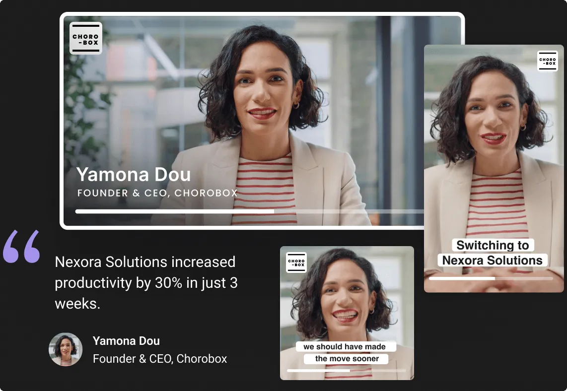 Yamona Dou, Founder & CEO of Chorobox, featured in three video thumbnails with quotes about Nexora Solutions increasing productivity by 30% in 3 weeks.